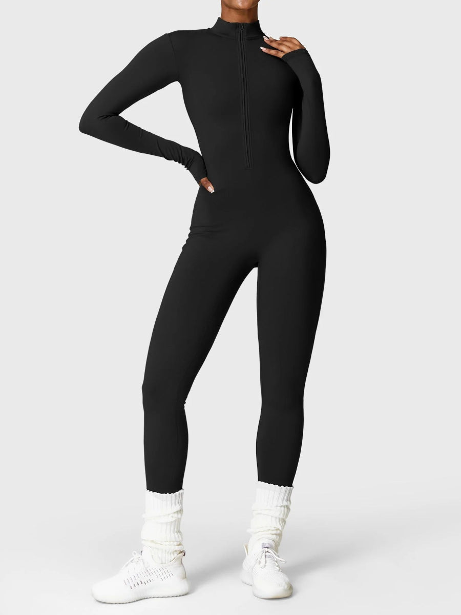 Levefit Schwarz Fleece Langarm Reißverschluss Jumpsuit - LEVEFIT