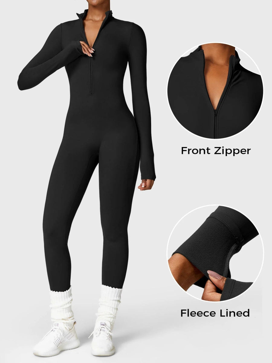 Levefit Schwarz Fleece Langarm Reißverschluss Jumpsuit - LEVEFIT