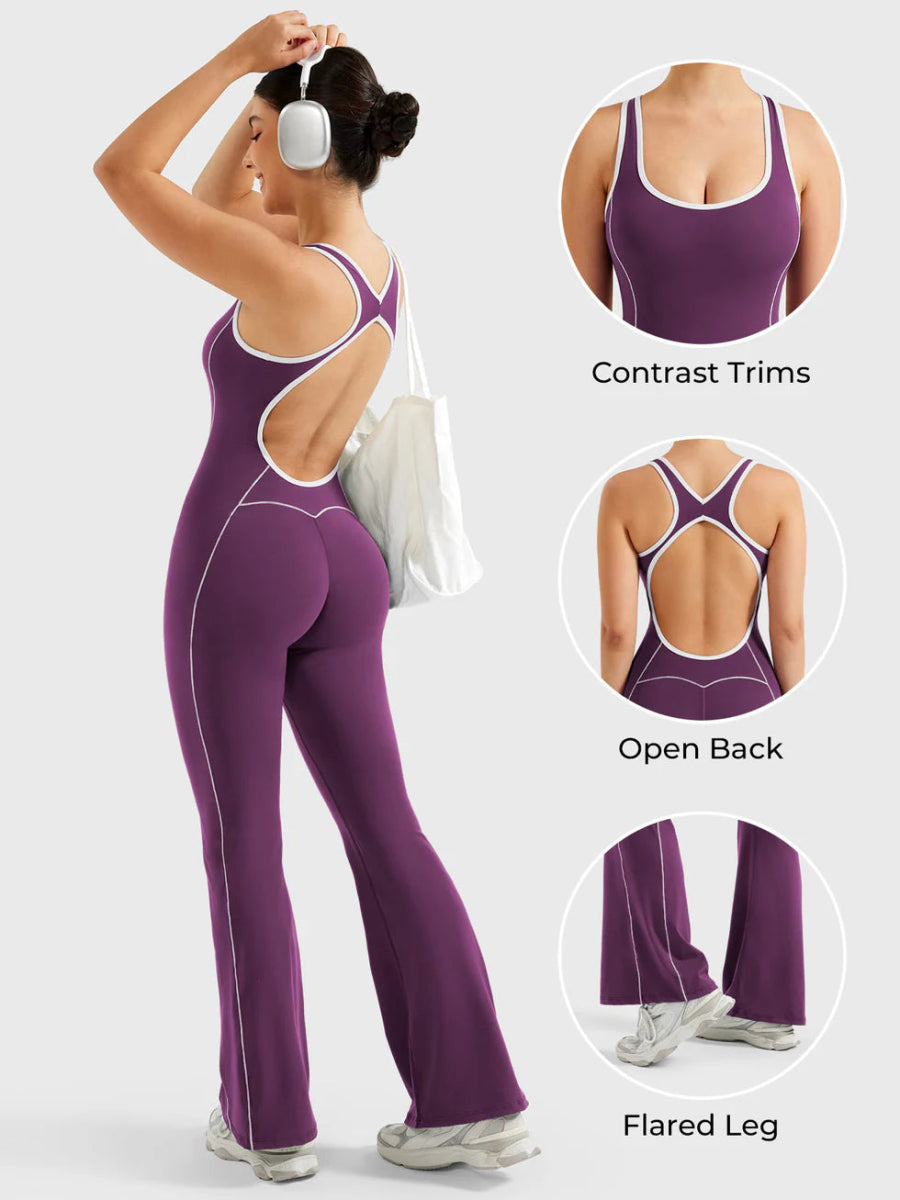 VÉNARA™ kontrastfarvet jumpsuit med udsvungne ben – LEVEFIT