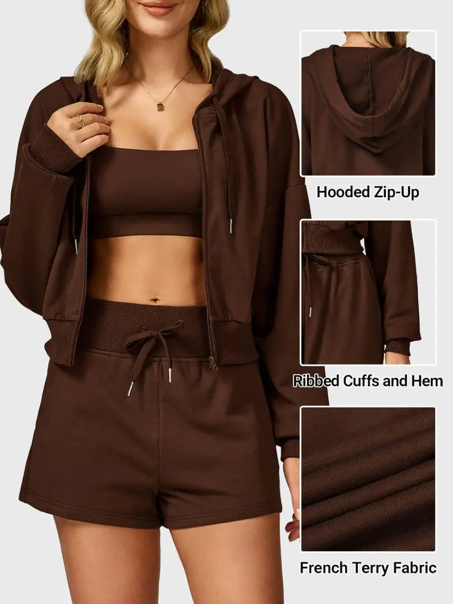 Felpa corta con cappuccio e zip VÉRA™ – Marrone caffè - LEVEFIT