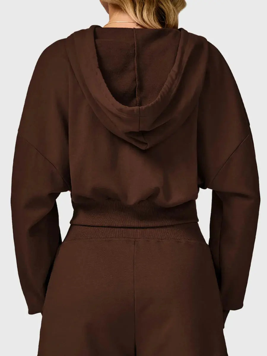 Felpa corta con cappuccio e zip VÉRA™ – Marrone caffè - LEVEFIT