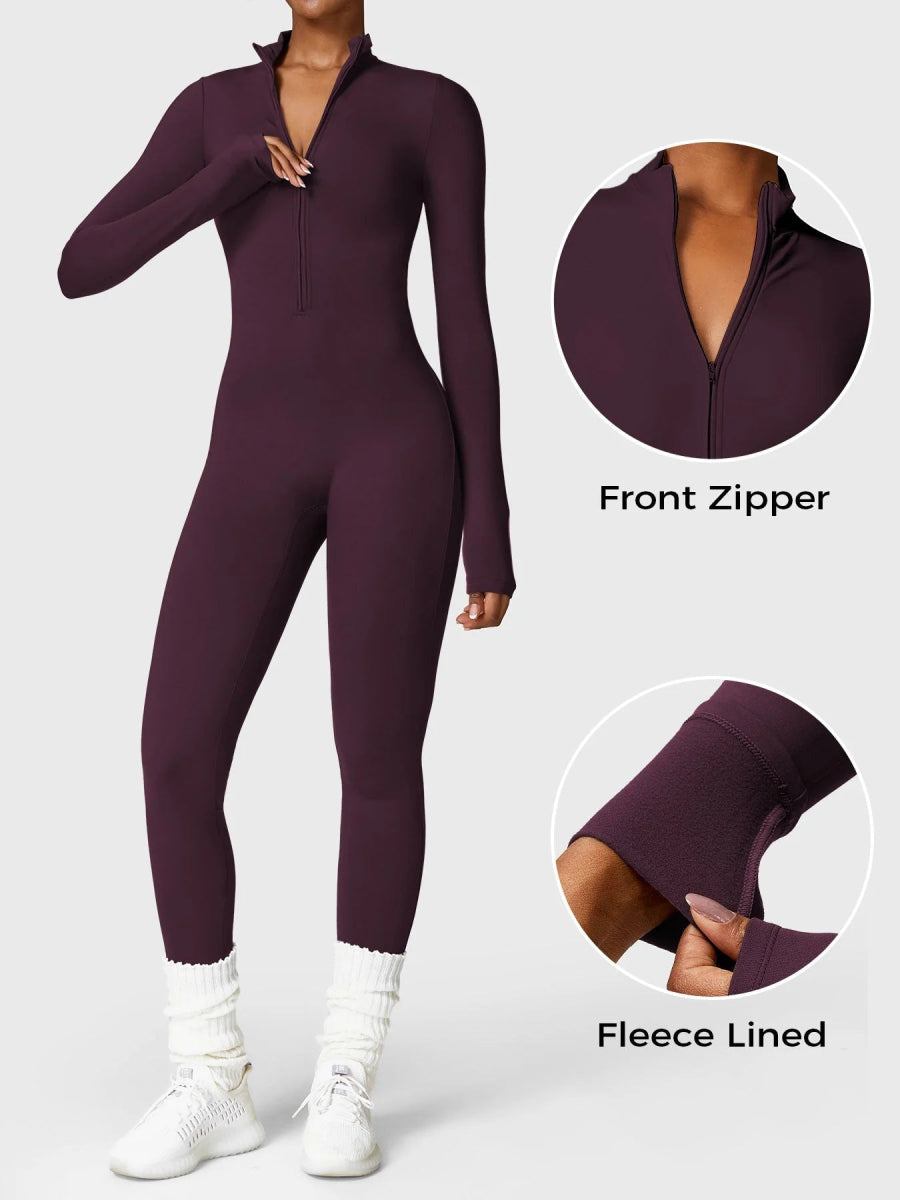 Levefit Dunkelviolett Fleece Langarm Reißverschluss Jumpsuit - LEVEFIT