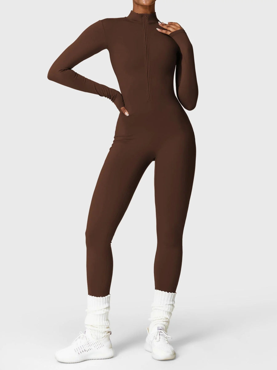 Levefit Kaffee Fleece Langarm Reißverschluss Jumpsuit - LEVEFIT