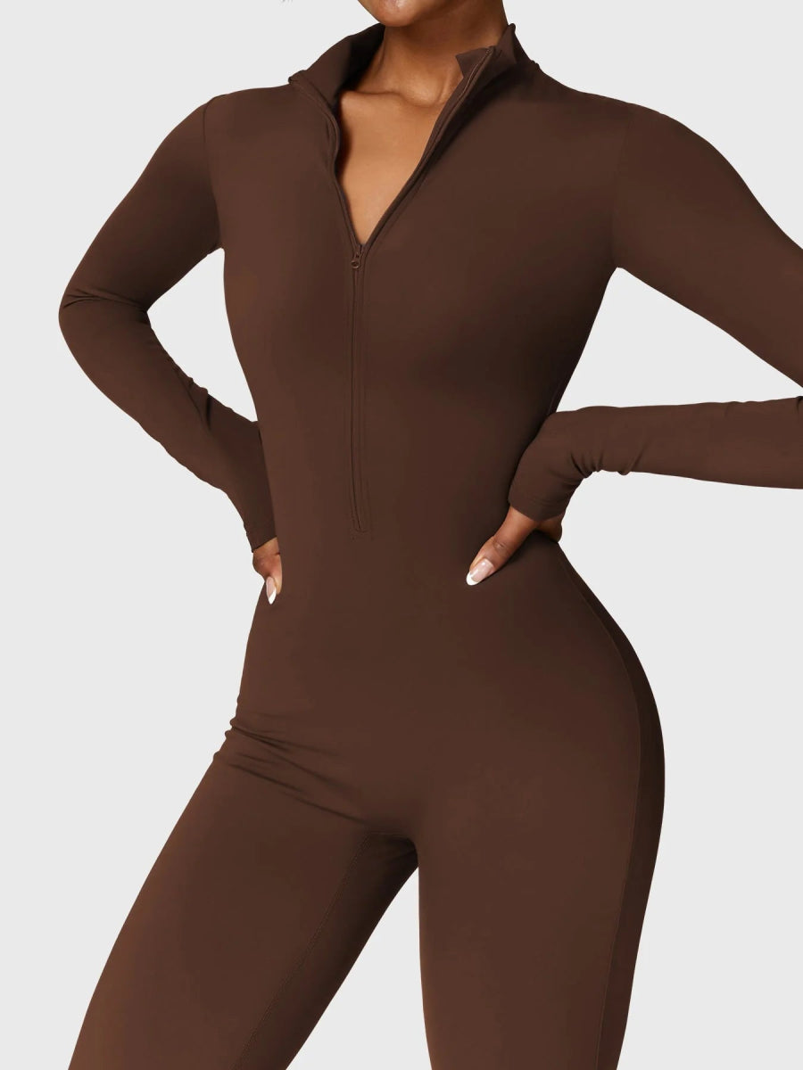 Levefit Kaffee Fleece Langarm Reißverschluss Jumpsuit - LEVEFIT