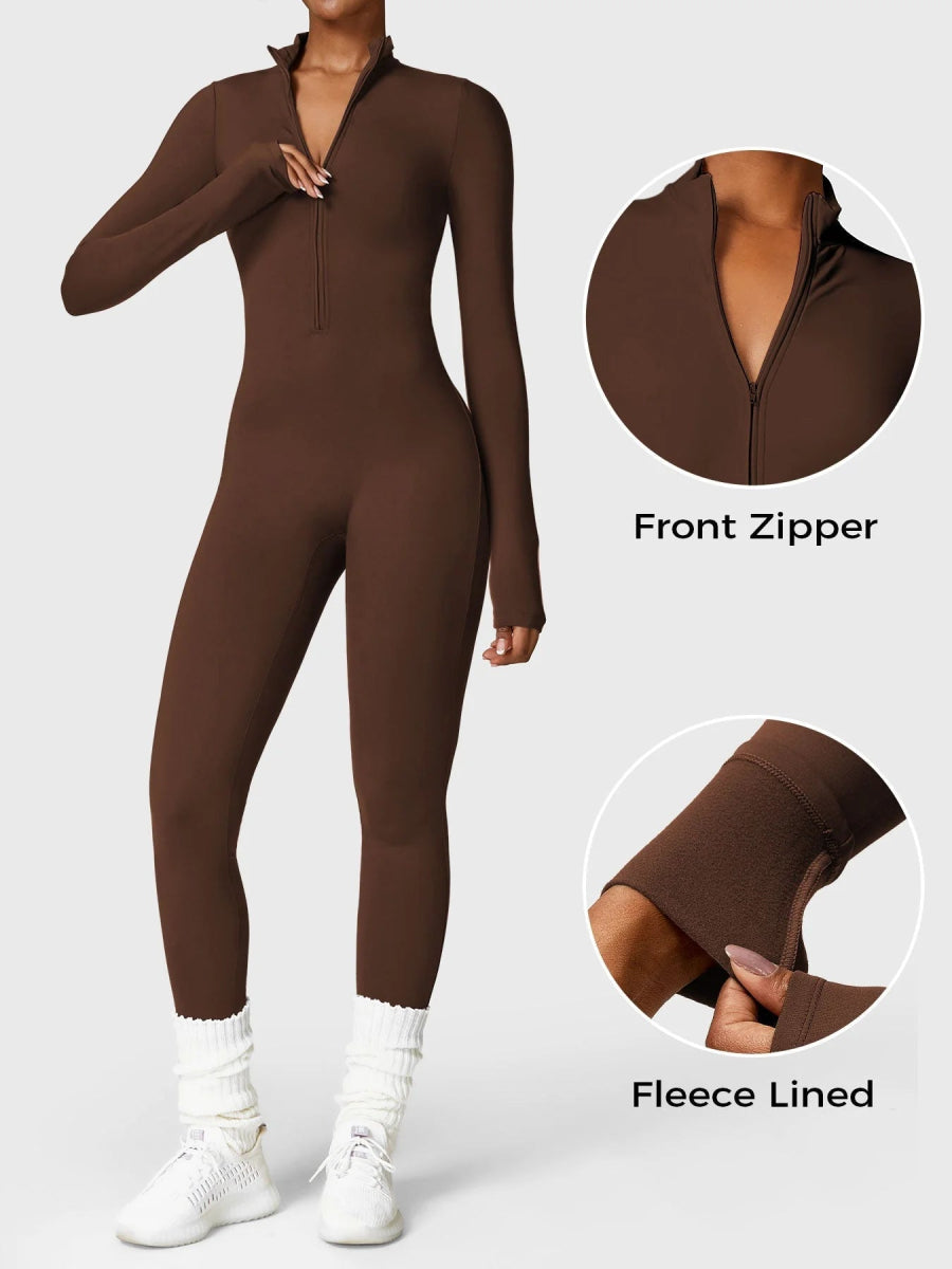 Levefit Kaffee Fleece Langarm Reißverschluss Jumpsuit - LEVEFIT